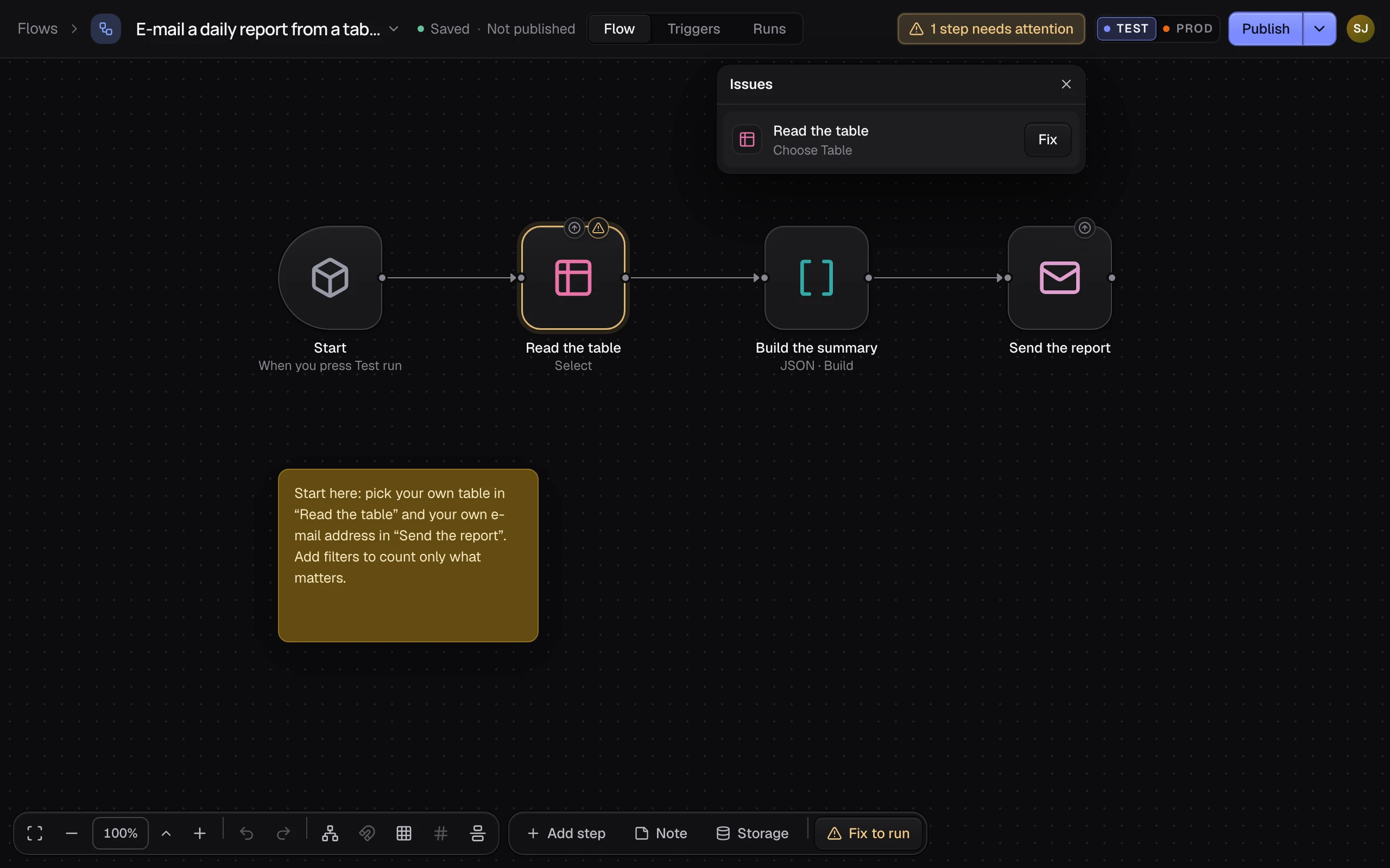 The issue list open under 1 step needs attention, naming the node Read the table and its Fix button