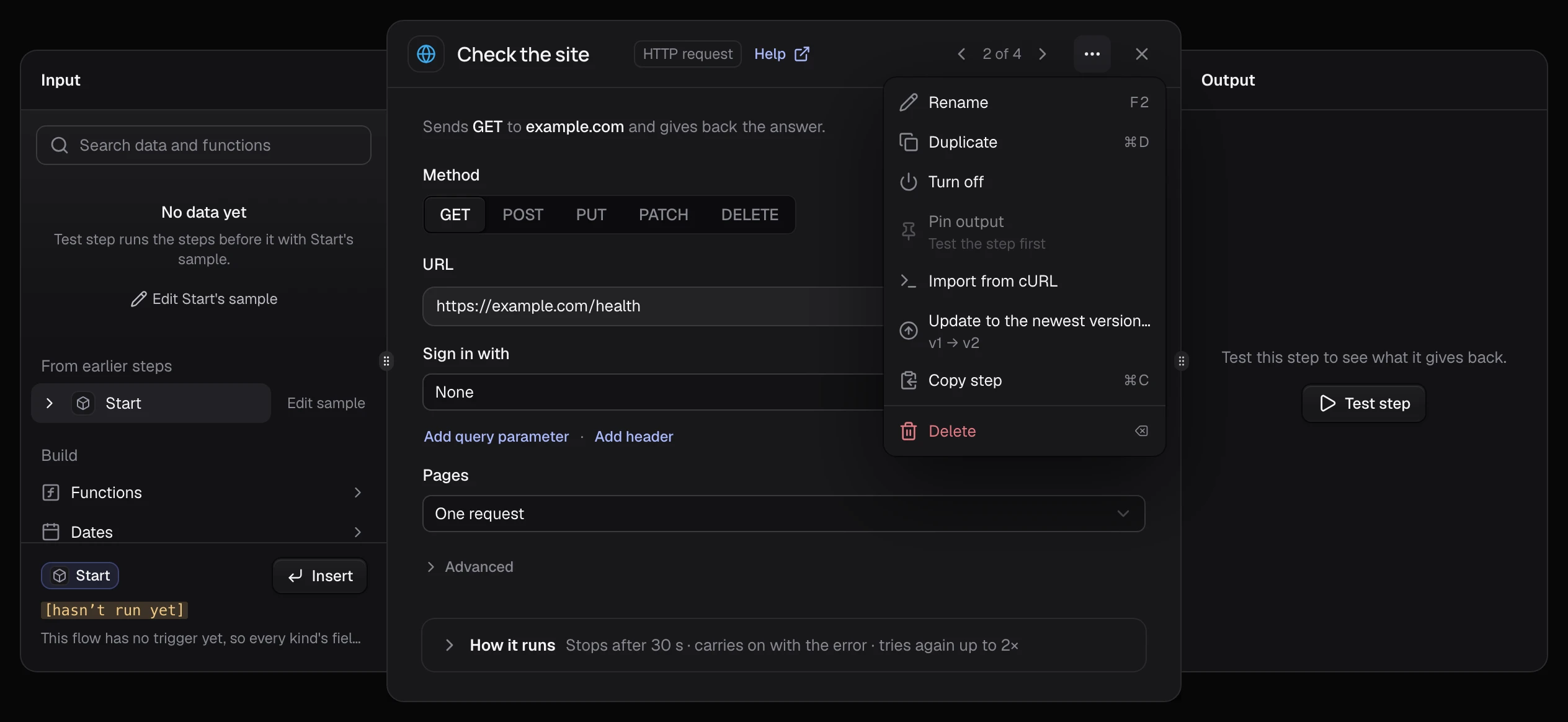 A node's menu open in its dialog, with Update to the newest version… among Rename, Duplicate and Turn off