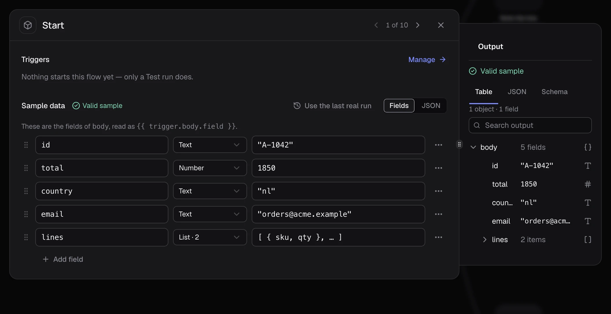 The Start node with Sample data as fields: id, total, country, email and lines, marked Valid sample