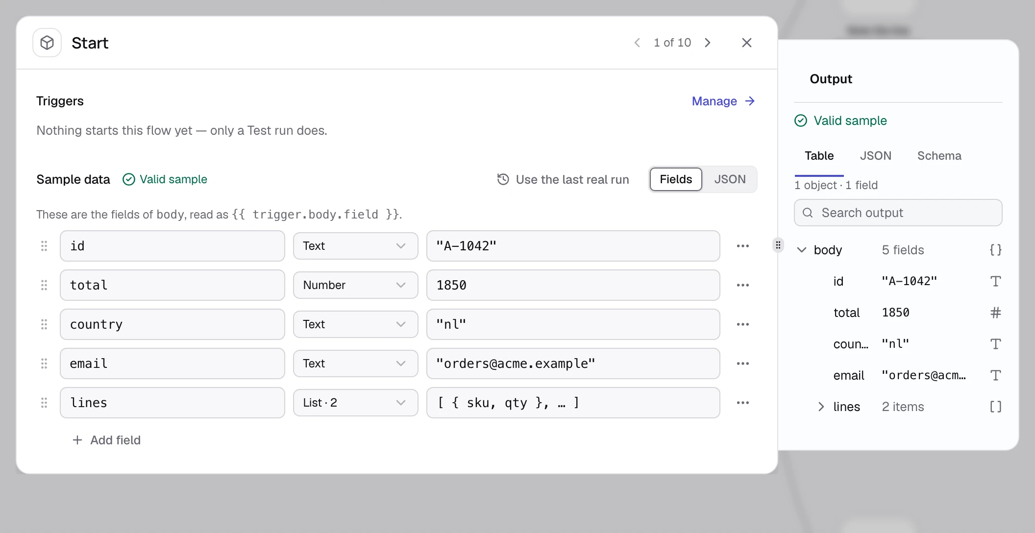 The Start node with Sample data as fields: id, total, country, email and lines, marked Valid sample