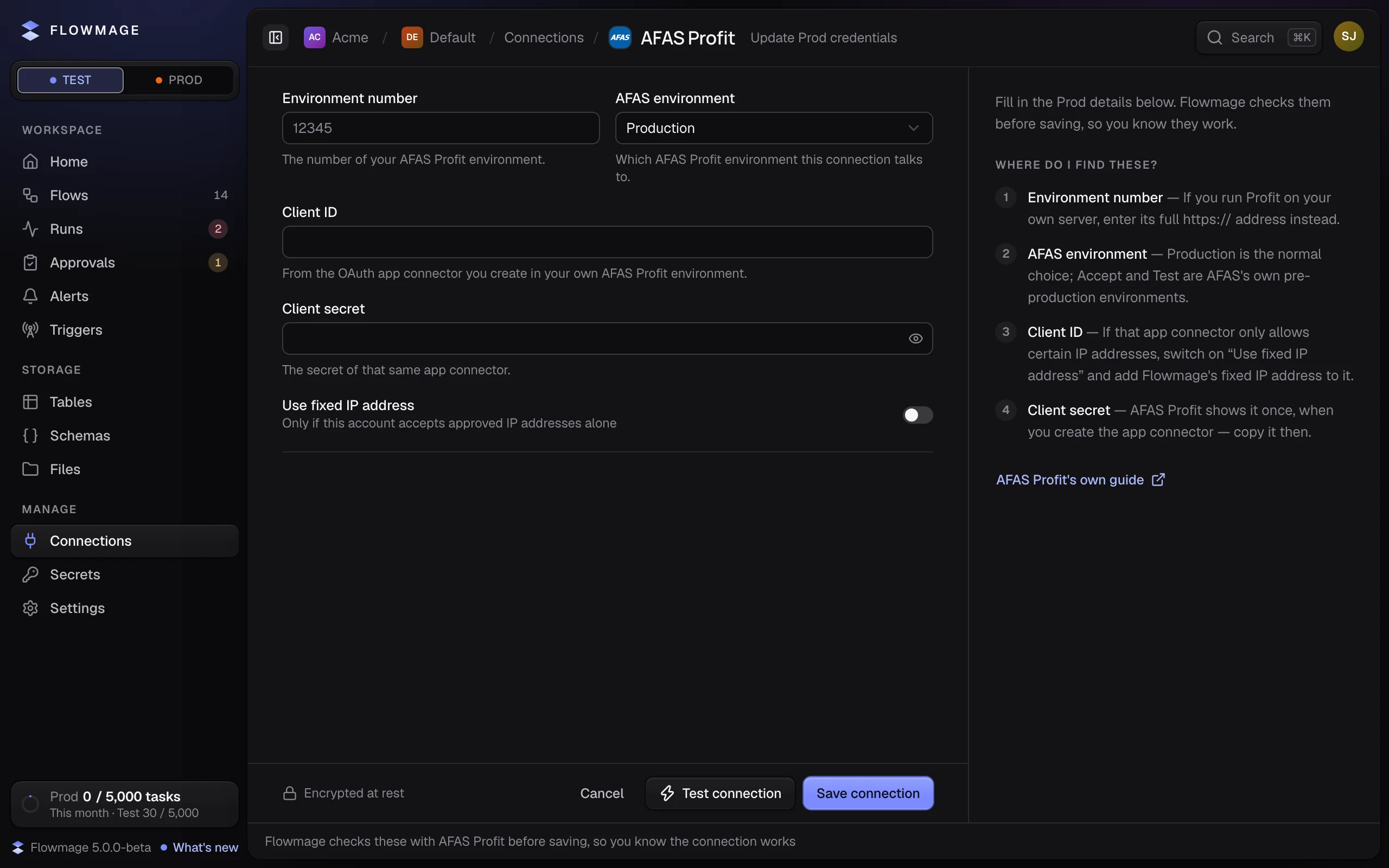 Update Prod credentials for AFAS Profit: the same fields as the Test form, with Test connection and Save connection.
