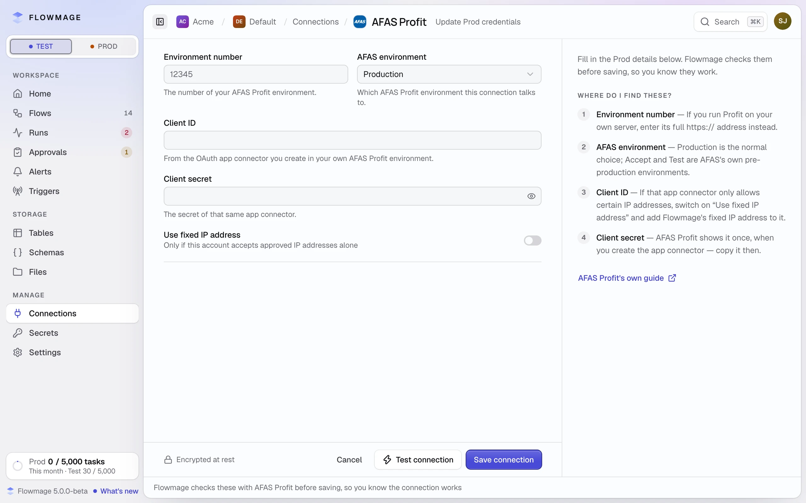 Update Prod credentials for AFAS Profit: the same fields as the Test form, with Test connection and Save connection.