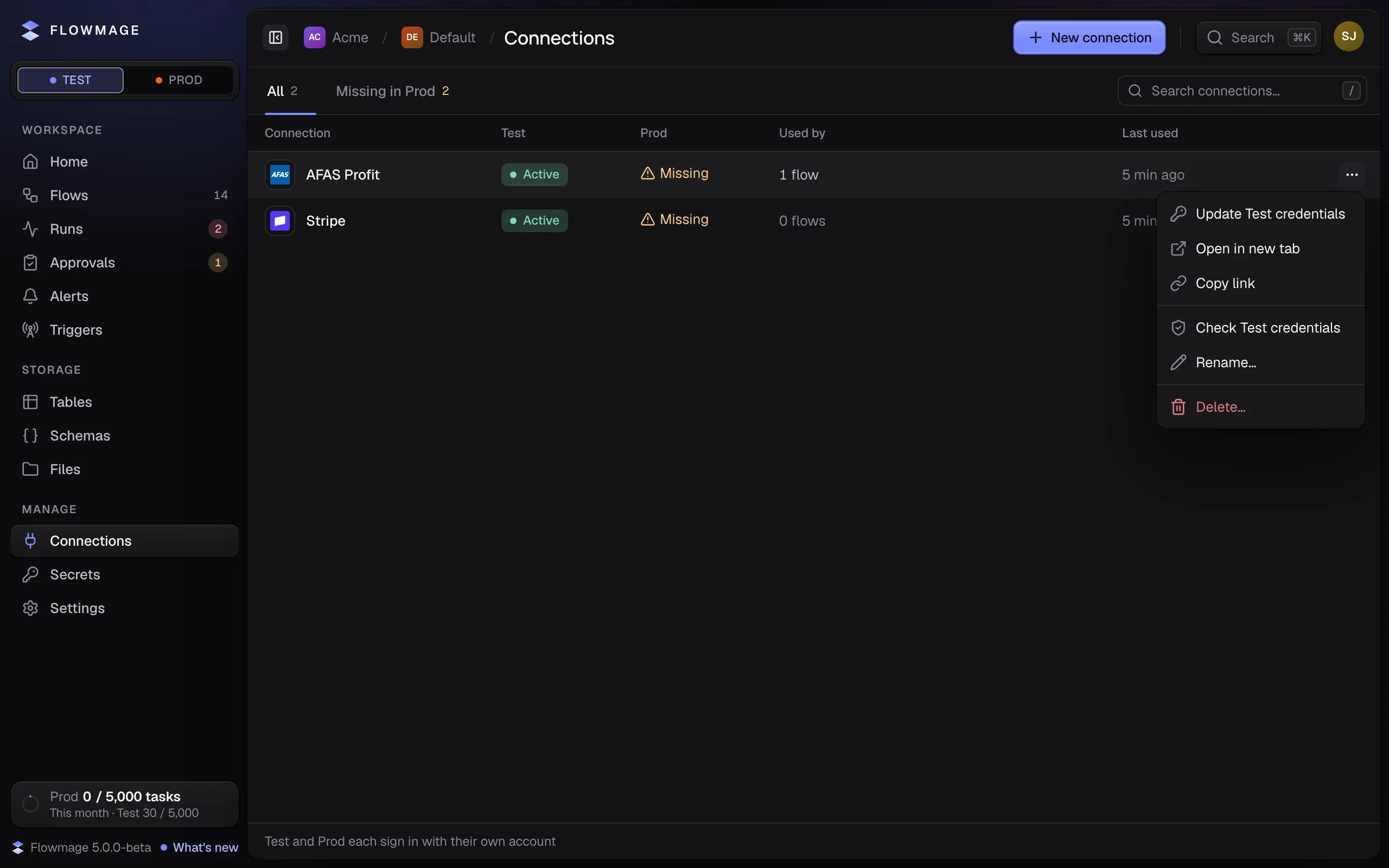 The Connections list with AFAS Profit Active on Test and Missing on Prod, its menu open: Update Test credentials, Check Test credentials, Rename and Delete.