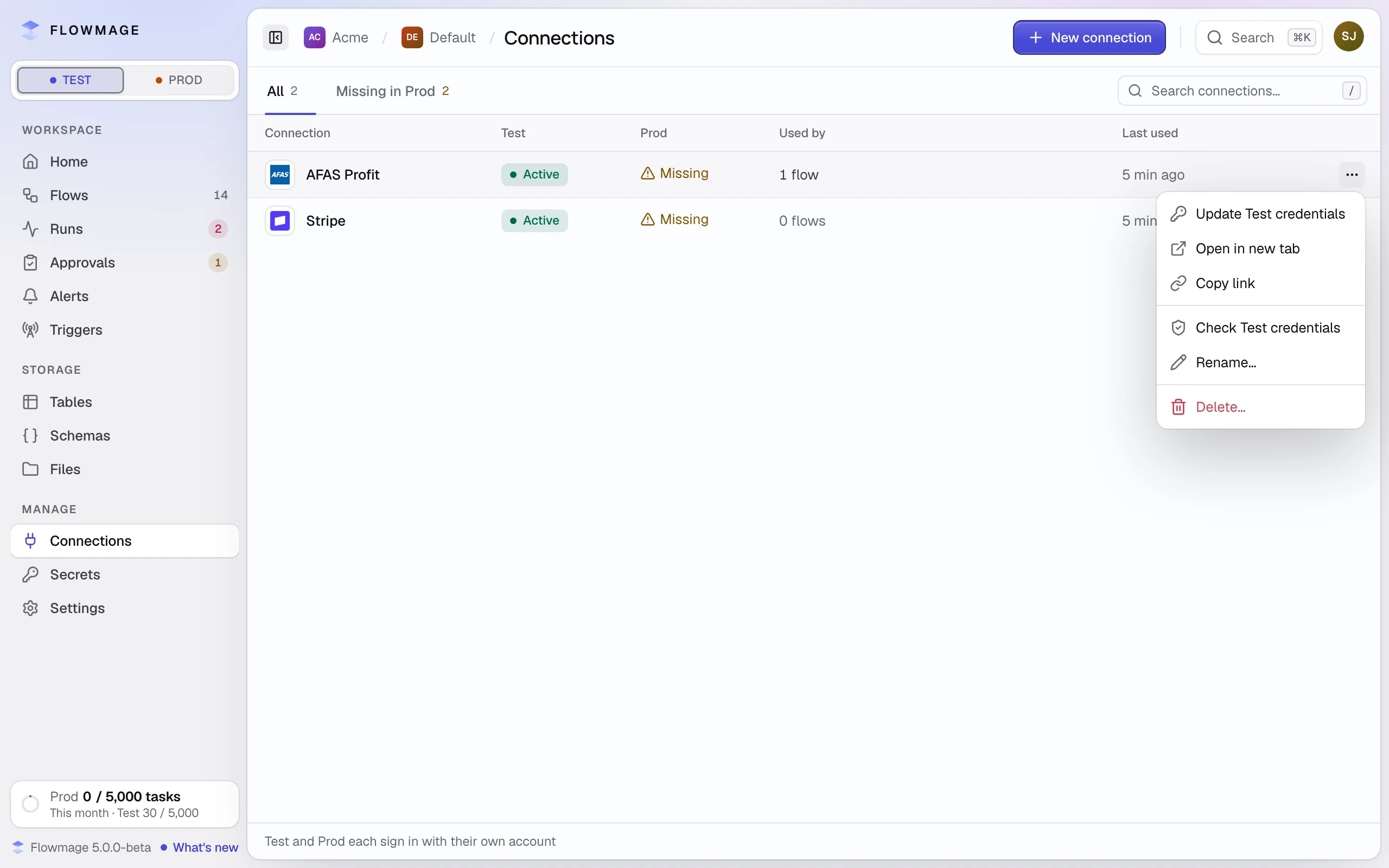 The Connections list with AFAS Profit Active on Test and Missing on Prod, its menu open: Update Test credentials, Check Test credentials, Rename and Delete.