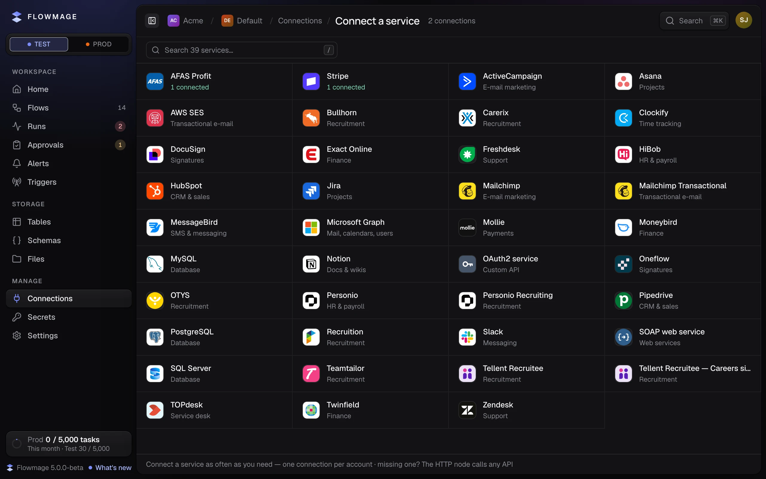 Connect a service: a search field above the services, each with its logo and what it is for.