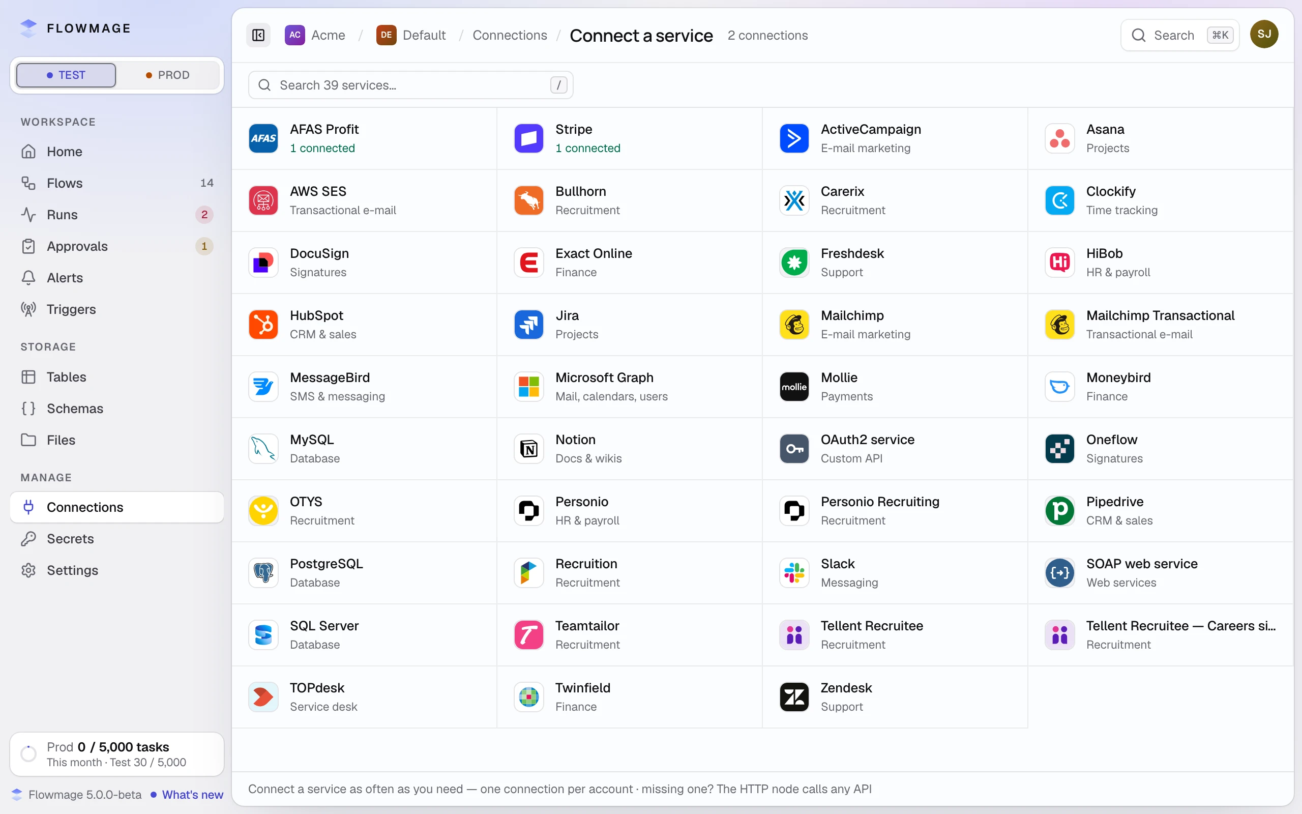 Connect a service: a search field above the services, each with its logo and what it is for.