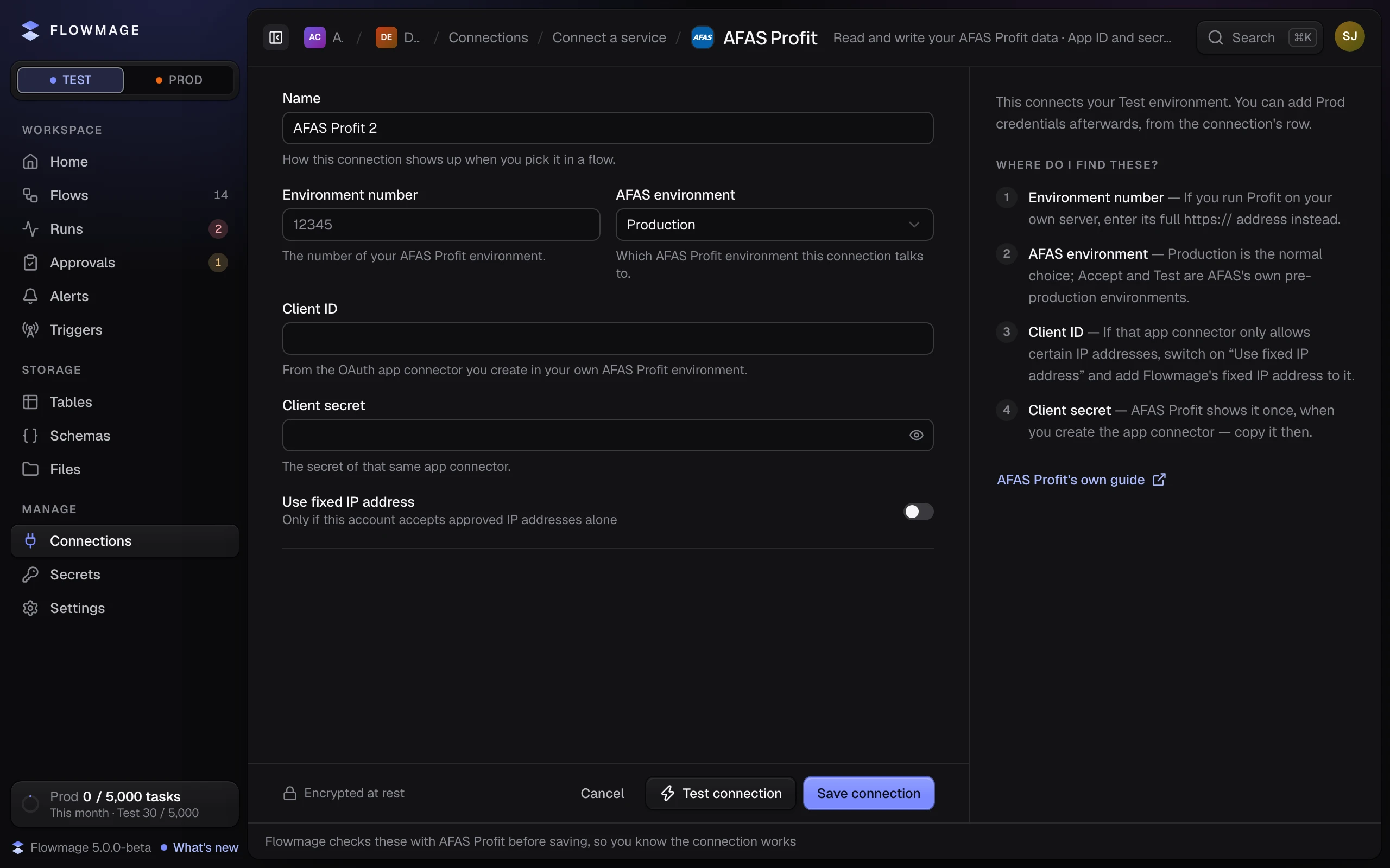 The AFAS Profit form with Name, Environment number, AFAS environment, Client ID, Client secret and Use fixed IP address, and Where do I find these? beside it.