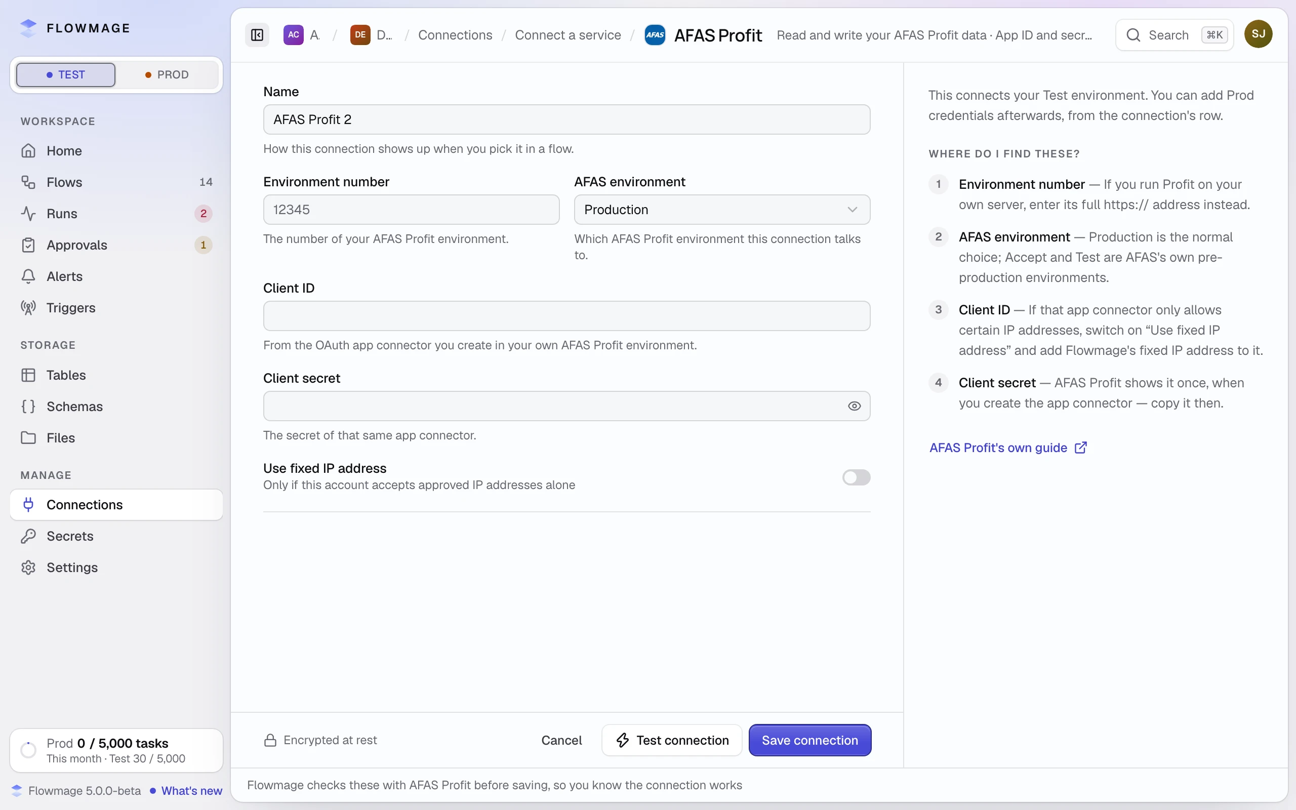 The AFAS Profit form with Name, Environment number, AFAS environment, Client ID, Client secret and Use fixed IP address, and Where do I find these? beside it.