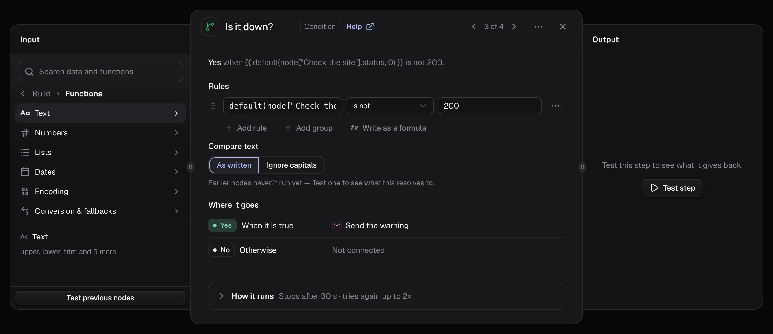 The Input pane at Build, then Functions, listing Text, Numbers, Lists, Dates, Encoding and Conversion & fallbacks.