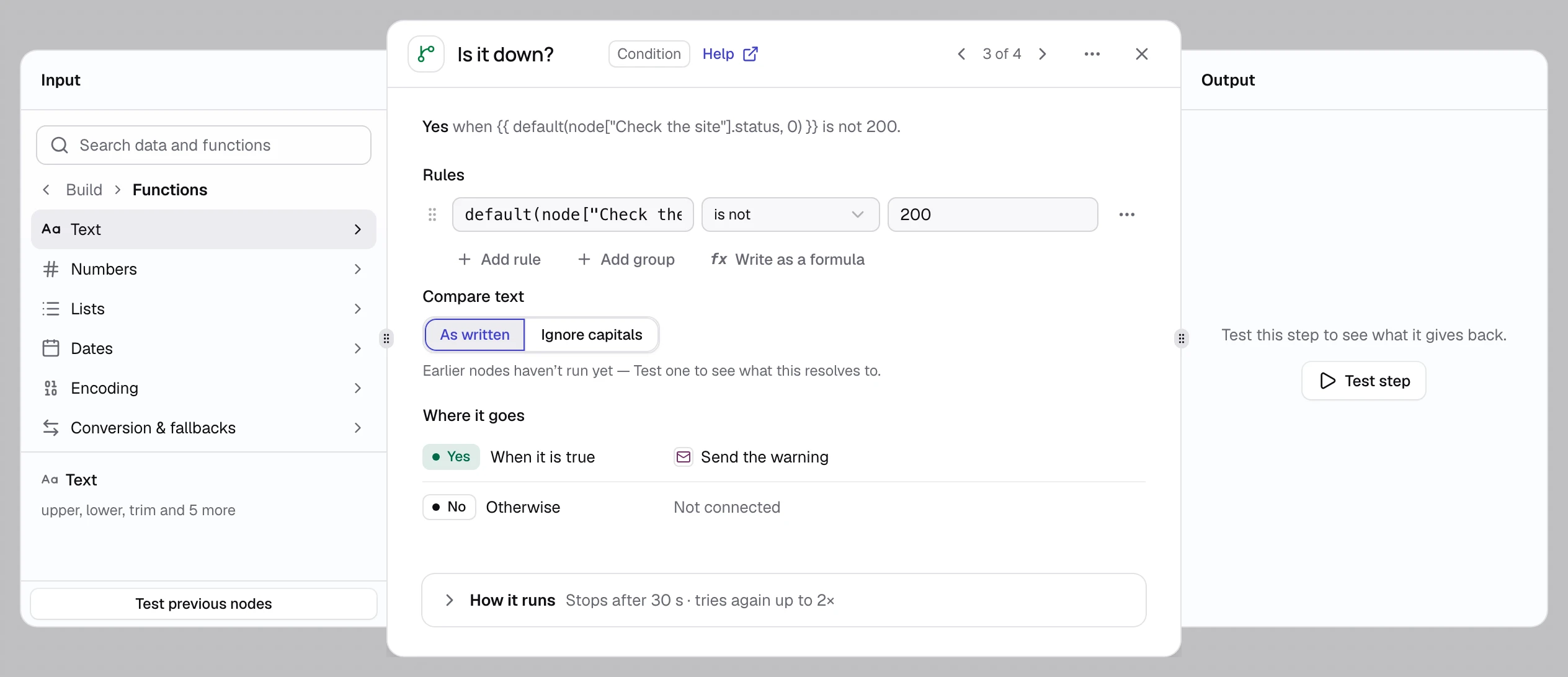 The Input pane at Build, then Functions, listing Text, Numbers, Lists, Dates, Encoding and Conversion & fallbacks.