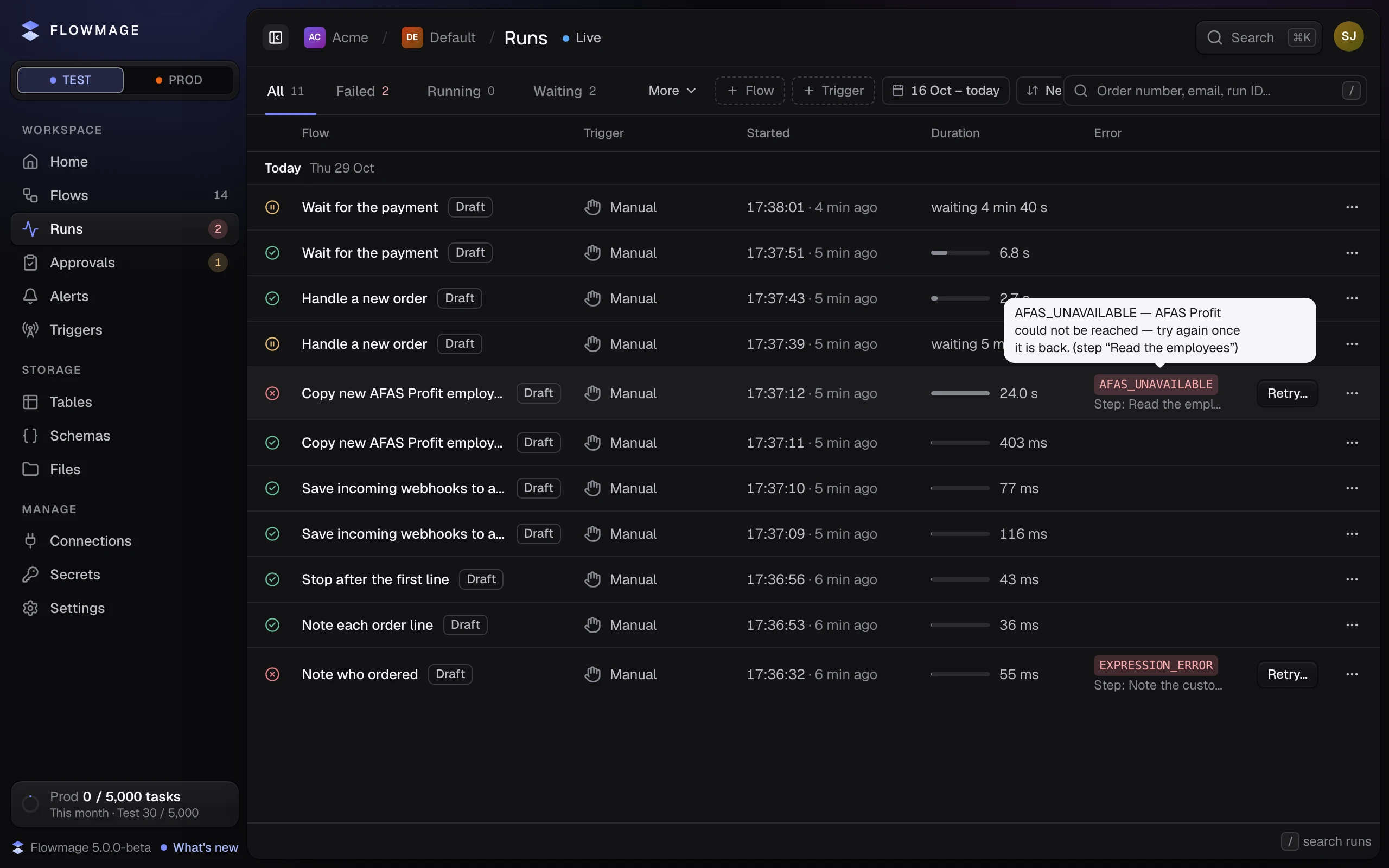 The Runs page with the error tooltip open, naming the code, the sentence and the step that failed.