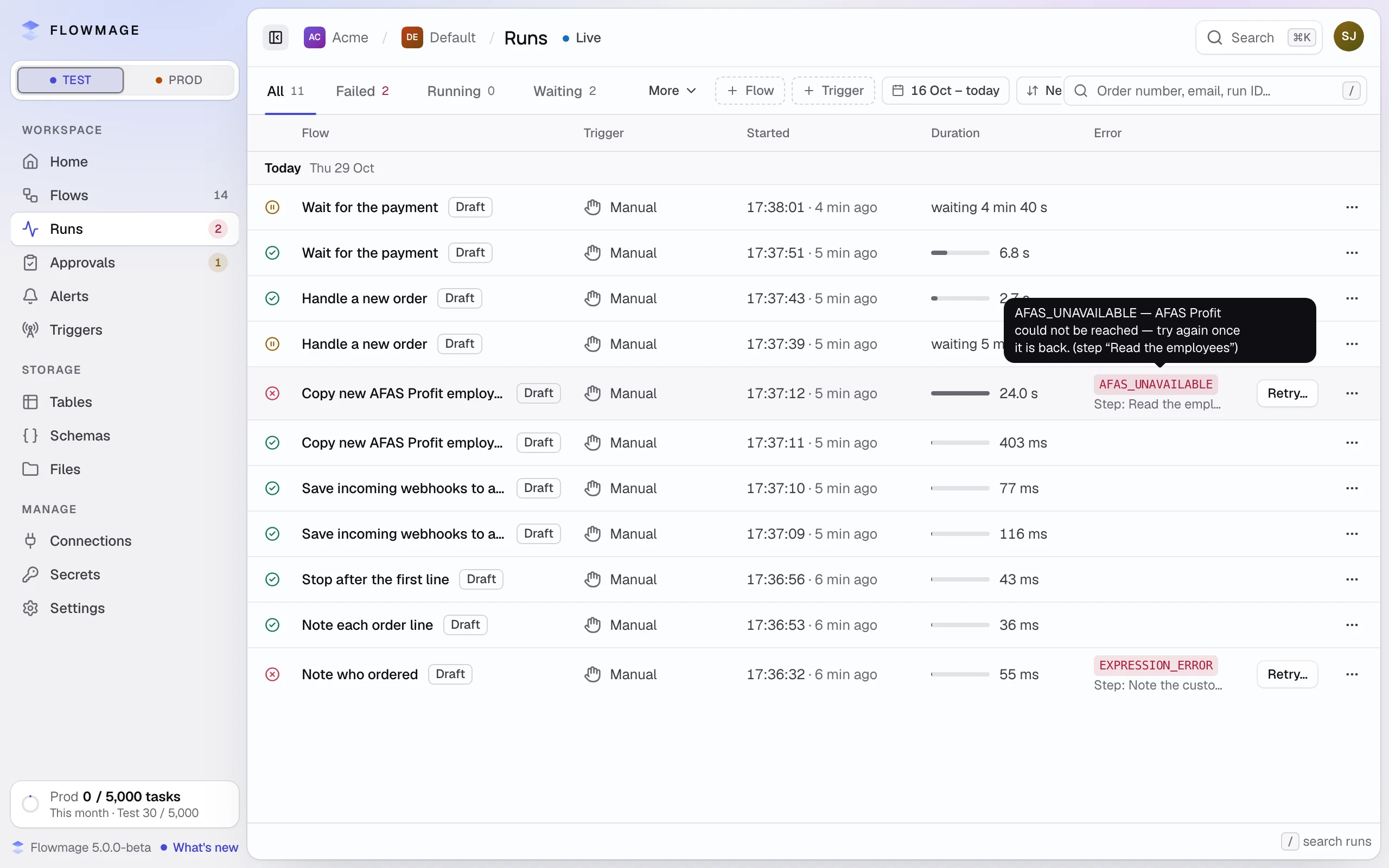 The Runs page with the error tooltip open, naming the code, the sentence and the step that failed.