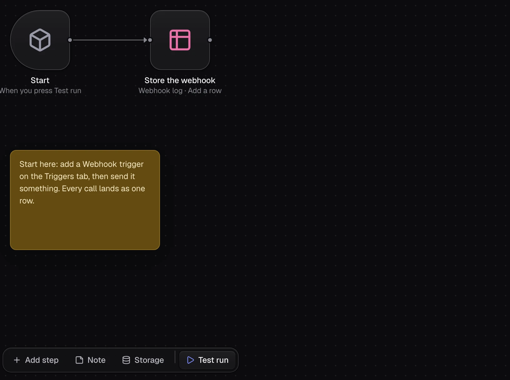 The new flow on the canvas: Start, then Store the webhook, with a note and Test run below them