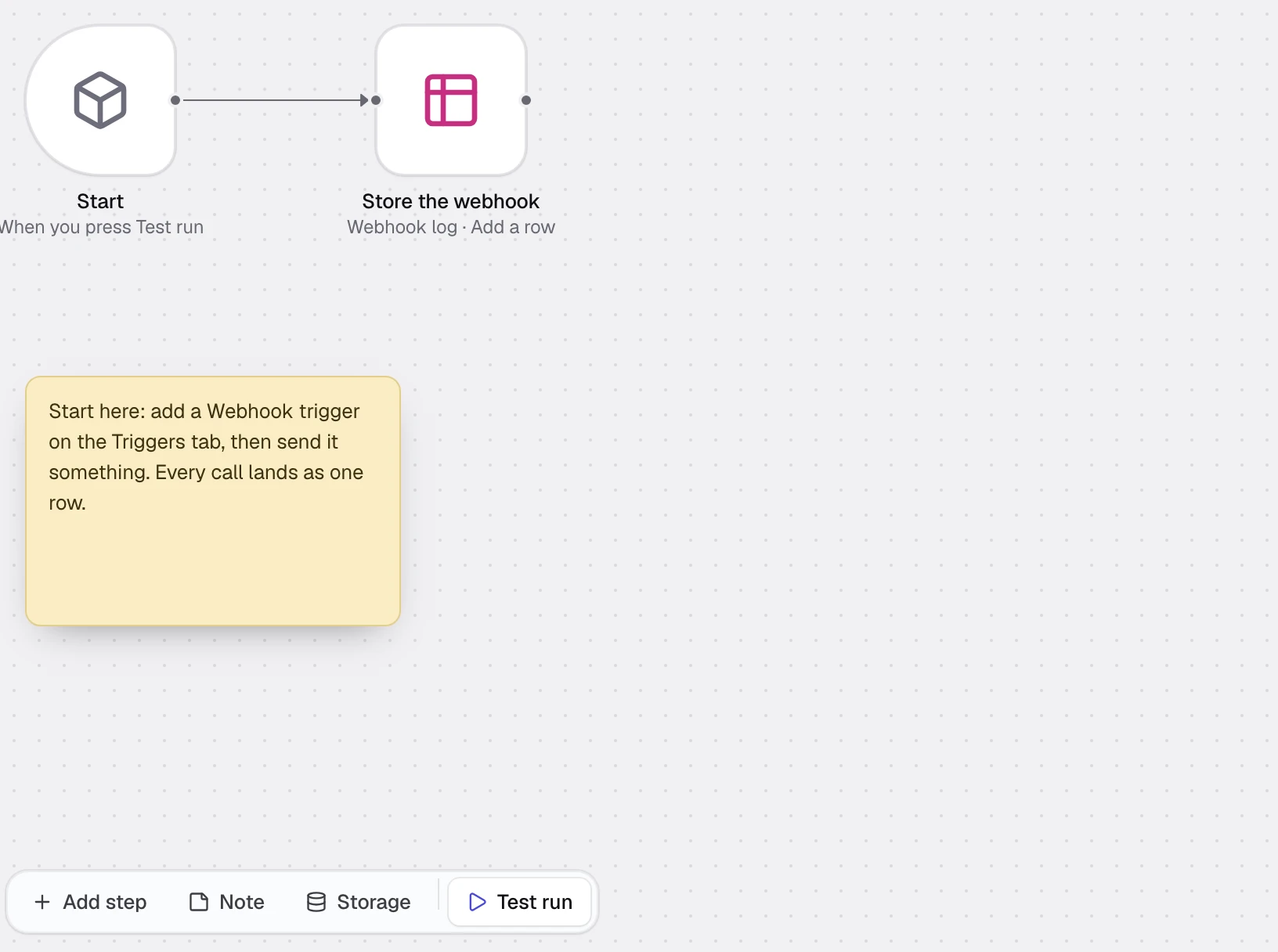 The new flow on the canvas: Start, then Store the webhook, with a note and Test run below them