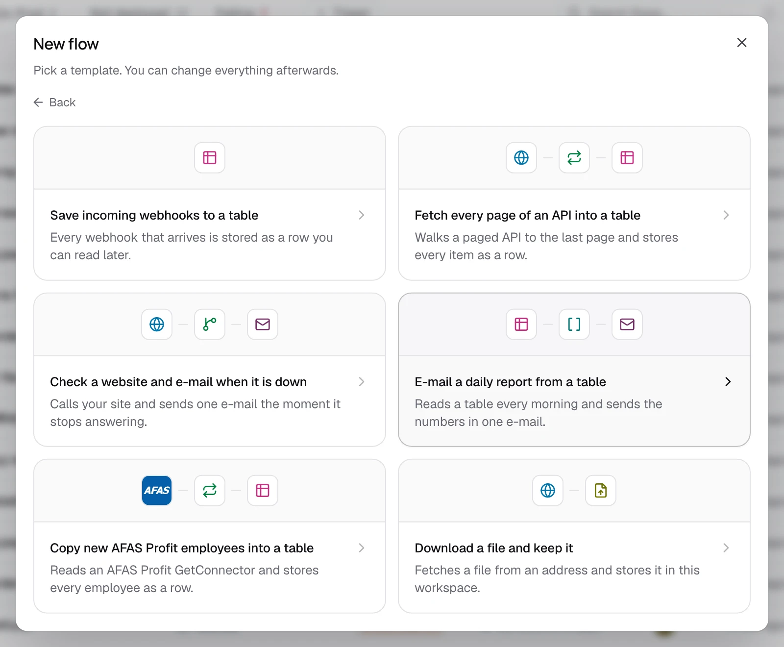 The templates you can start a flow from, in the New flow dialog
